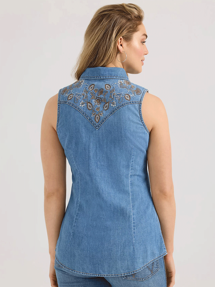 Wrangler 112361174 Womens Embellished Denim Sleeveless Snap Shirt Mid Wash front view. If you need any assistance with this item or the purchase of this item please call us at five six one seven four eight eight eight zero one Monday through Saturday 10:00a.m EST to 8:00 p.m EST