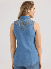 Wrangler 112361174 Womens Embellished Denim Sleeveless Snap Shirt Mid Wash back view. If you need any assistance with this item or the purchase of this item please call us at five six one seven four eight eight eight zero one Monday through Saturday 10:00a.m EST to 8:00 p.m EST