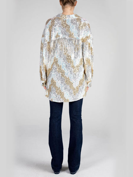 Miss Me MJ0538L Womens Long Mixed Sequined Fringe Button Up Jacket Silver Grey back view. If you need any assistance with this item or the purchase of this item please call us at five six one seven four eight eight eight zero one Monday through Saturday 10:00a.m EST to 8:00 p.m EST