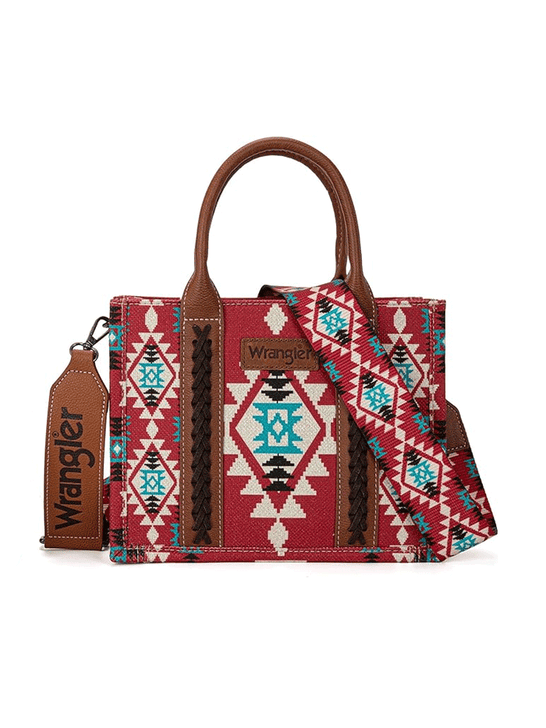 Wrangler WG2203-8120SBDY Womens Southwestern Print Small Canvas Crossbody Tote Burgundy Red front view. If you need any assistance with this item or the purchase of this item please call us at five six one seven four eight eight eight zero one Monday through Saturday 10:00a.m EST to 8:00 p.m EST

