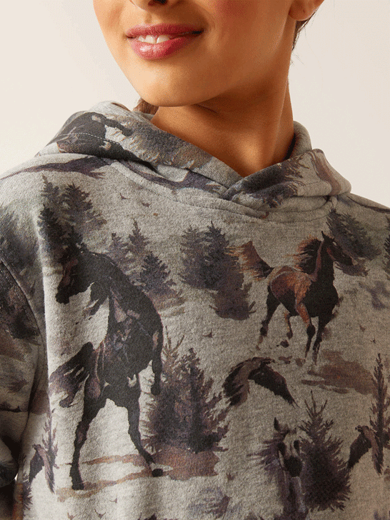 Ariat 10047331 Kids Misty Horse Hoodie Heather Grey close up view of fabric. If you need any assistance with this item or the purchase of this item please call us at five six one seven four eight eight eight zero one Monday through Saturday 10:00a.m EST to 8:00 p.m EST