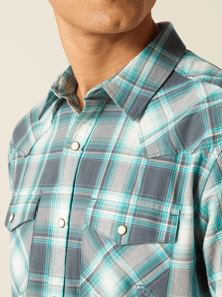 Ariat 10048499 Mens Harrington Retro Fit Short Sleeve Shirt Egret close up view of front. If you need any assistance with this item or the purchase of this item please call us at five six one seven four eight eight eight zero one Monday through Saturday 10:00a.m EST to 8:00 p.m EST