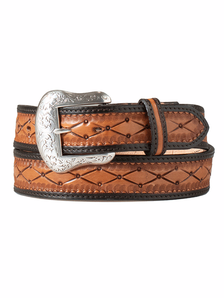 Nocona N210007808 Mens Hand Tooled Diamond 2 Tone Belt Tan front and back view. If you need any assistance with this item or the purchase of this item please call us at five six one seven four eight eight eight zero one Monday through Saturday 10:00a.m EST to 8:00 p.m EST