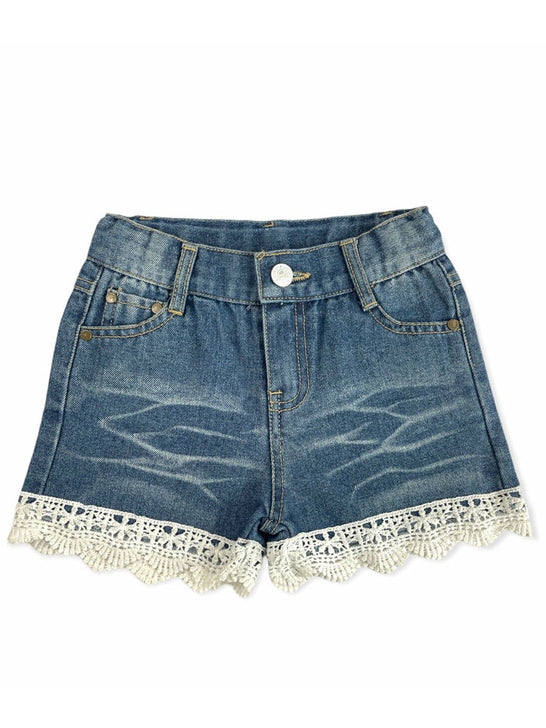 Shea Baby SBD02 Kids Denim Lace Shorts Blue back view. If you need any assistance with this item or the purchase of this item please call us at five six one seven four eight eight eight zero one Monday through Saturday 10:00a.m EST to 8:00 p.m EST