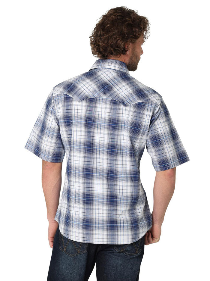 Wrangler 112324674 Mens Retro Short Sleeve Shirt Blue front view. If you need any assistance with this item or the purchase of this item please call us at five six one seven four eight eight eight zero one Monday through Saturday 10:00a.m EST to 8:00 p.m EST