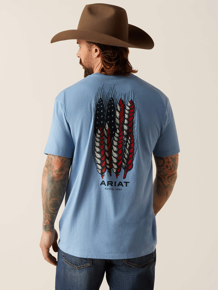 Ariat 10047894 Mens Wheat Flag T-Shirt Light Blue Heather back view. If you need any assistance with this item or the purchase of this item please call us at five six one seven four eight eight eight zero one Monday through Saturday 10:00a.m EST to 8:00 p.m EST