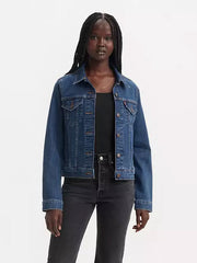 Levis 299450203 Womens Original Trucker Jacket See Her Run Blue front view. If you need any assistance with this item or the purchase of this item please call us at five six one seven four eight eight eight zero one Monday through Saturday 10:00a.m EST to 8:00 p.m EST