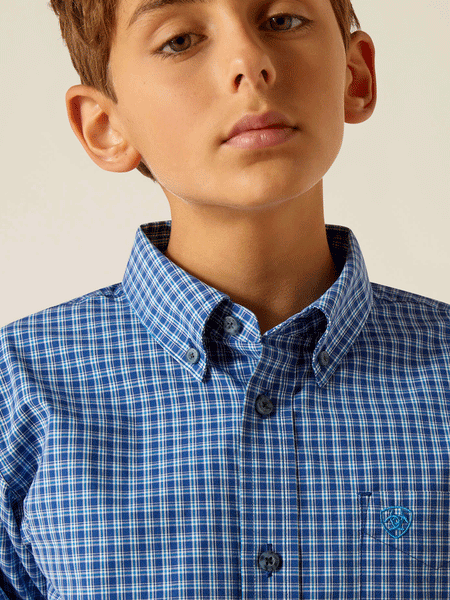 Ariat 10048654 Kids Pro Series Perrin Classic Fit Shirt Blue close up of front view. If you need any assistance with this item or the purchase of this item please call us at five six one seven four eight eight eight zero one Monday through Saturday 10:00a.m EST to 8:00 p.m EST