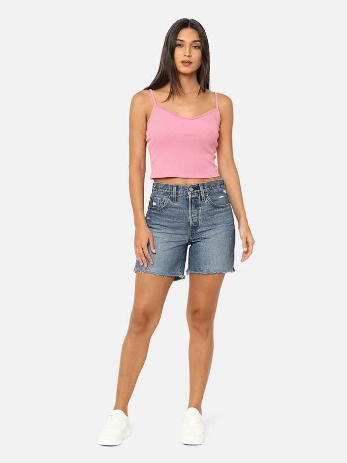 Levi's 858330058 Womens 501 Mid Thigh Denim Short Sure Time Flies front view. If you need any assistance with this item or the purchase of this item please call us at five six one seven four eight eight eight zero one Monday through Saturday 10:00a.m EST to 8:00 p.m EST