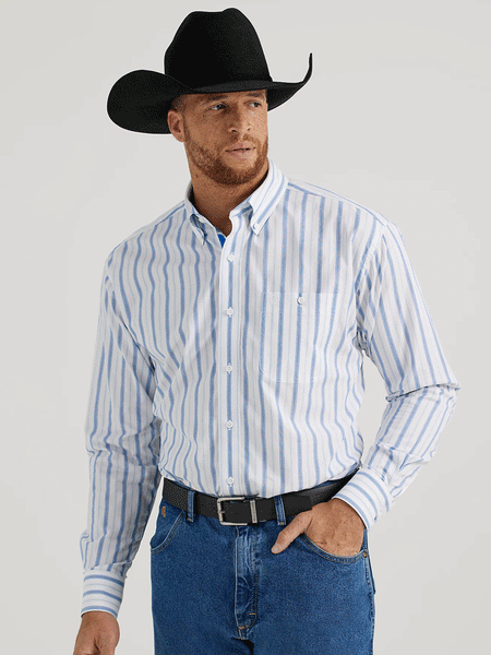 Wrangler 112344872 Mens George Strait Collection Long Sleeve Shirt Blue Smoky Stripes front view. If you need any assistance with this item or the purchase of this item please call us at five six one seven four eight eight eight zero one Monday through Saturday 10:00a.m EST to 8:00 p.m EST