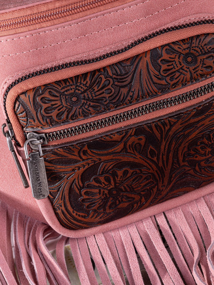 Montana West MW1276-194PK Womens Floral Tooled Fringe Fanny Pack Pink front view. If you need any assistance with this item or the purchase of this item please call us at five six one seven four eight eight eight zero one Monday through Saturday 10:00a.m EST to 8:00 p.m EST