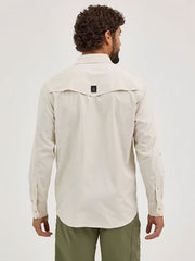 Wrangler 112360557 Mens ATG™ Drover Utility Shirt Pelican Beige back view. If you need any assistance with this item or the purchase of this item please call us at five six one seven four eight eight eight zero one Monday through Saturday 10:00a.m EST to 8:00 p.m EST