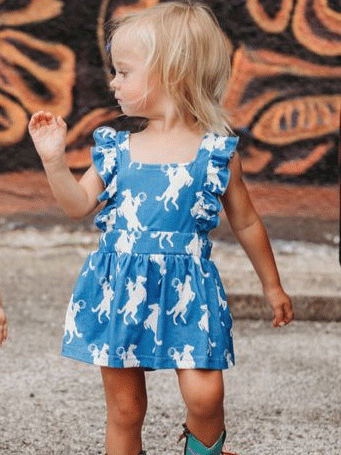Shea Baby ORP06 Kids Raring Horse Cross Romper Blue front view on model. If you need any assistance with this item or the purchase of this item please call us at five six one seven four eight eight eight zero one Monday through Saturday 10:00a.m EST to 8:00 p.m EST

