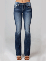 Miss Me M3976B3 Womens Mid Rise Bootcut Jeans Medium Blue full front view.If you need any assistance with this item or the purchase of this item please call us at five six one seven four eight eight eight zero one Monday through Saturday 10:00a.m EST to 8:00 p.m EST