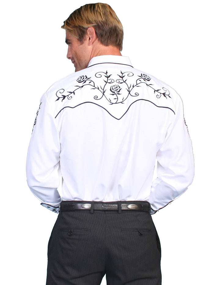 Scully P-706-WHT Mens Floral Embroidery Western Shirt White front view. If you need any assistance with this item or the purchase of this item please call us at five six one seven four eight eight eight zero one Monday through Saturday 10:00a.m EST to 8:00 p.m EST