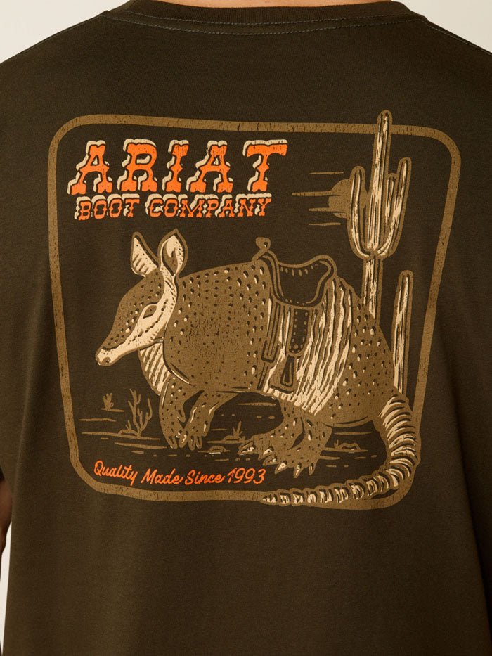 Ariat 10054843 Mens Armadillo on a Half Shell T-Shirt Dark Olive back view. If you need any assistance with this item or the purchase of this item please call us at five six one seven four eight eight eight zero one Monday through Saturday 10:00a.m EST to 8:00 p.m EST