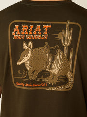 Ariat 10054843 Mens Armadillo on a Half Shell T-Shirt Dark Olive back close up. If you need any assistance with this item or the purchase of this item please call us at five six one seven four eight eight eight zero one Monday through Saturday 10:00a.m EST to 8:00 p.m EST