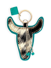 Myra Bag S-9233 Buffalo Head Hair On Hide Key Fob Turquoise front view. If you need any assistance with this item or the purchase of this item please call us at five six one seven four eight eight eight zero one Monday through Saturday 10:00a.m EST to 8:00 p.m EST