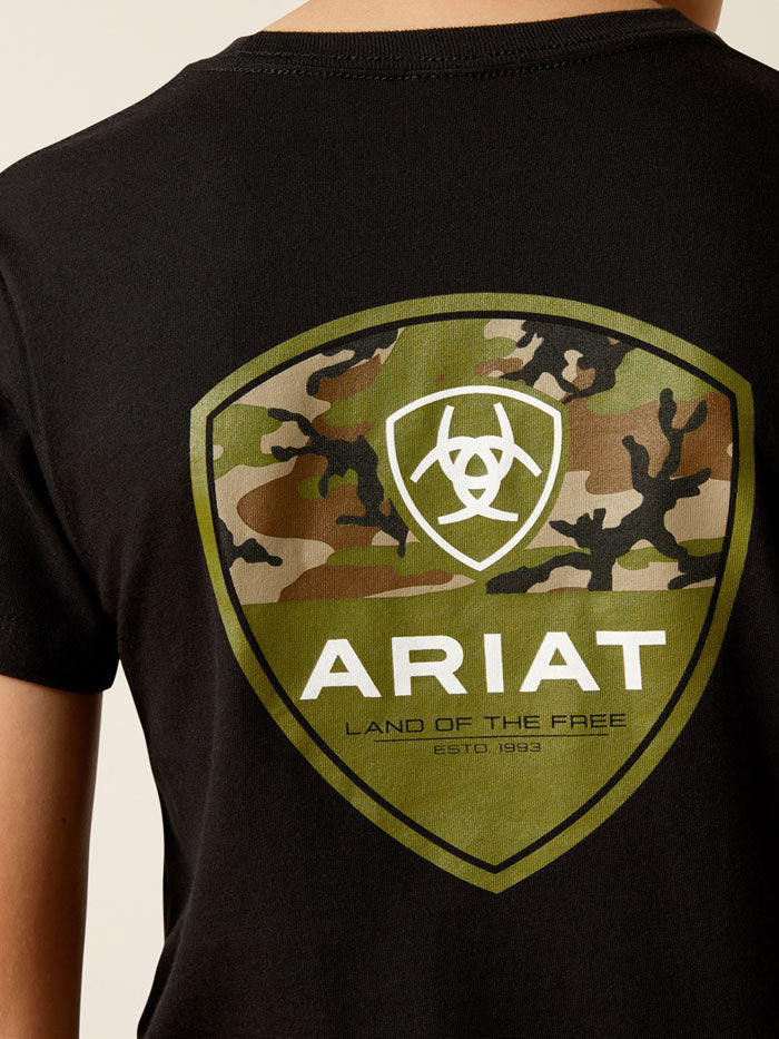 Ariat 10051743 Kids Camo Corps T-Shirt Black back view. If you need any assistance with this item or the purchase of this item please call us at five six one seven four eight eight eight zero one Monday through Saturday 10:00a.m EST to 8:00 p.m EST