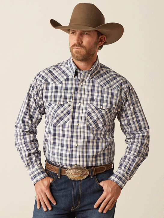 Ariat 10054074 Mens Pro Series Caine Classic Fit Shirt Navy front. If you need any assistance with this item or the purchase of this item please call us at five six one seven four eight eight eight zero one Monday through Saturday 10:00a.m EST to 8:00 p.m EST