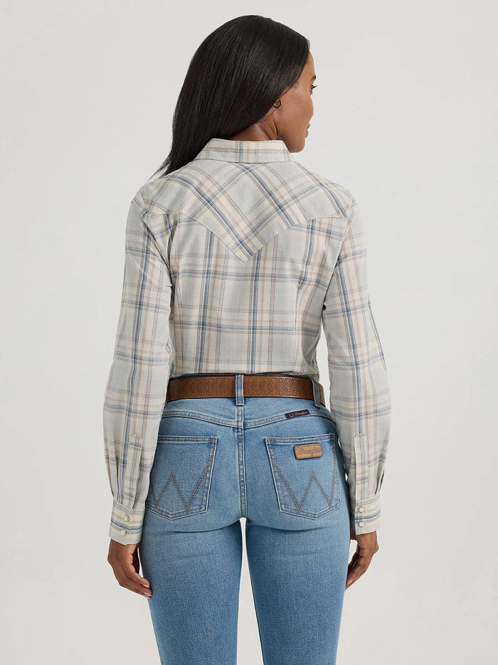 Wrangler 112360738 Womens Essential Plaid Western Shirt Wispy Blue front view. If you need any assistance with this item or the purchase of this item please call us at five six one seven four eight eight eight zero one Monday through Saturday 10:00a.m EST to 8:00 p.m EST