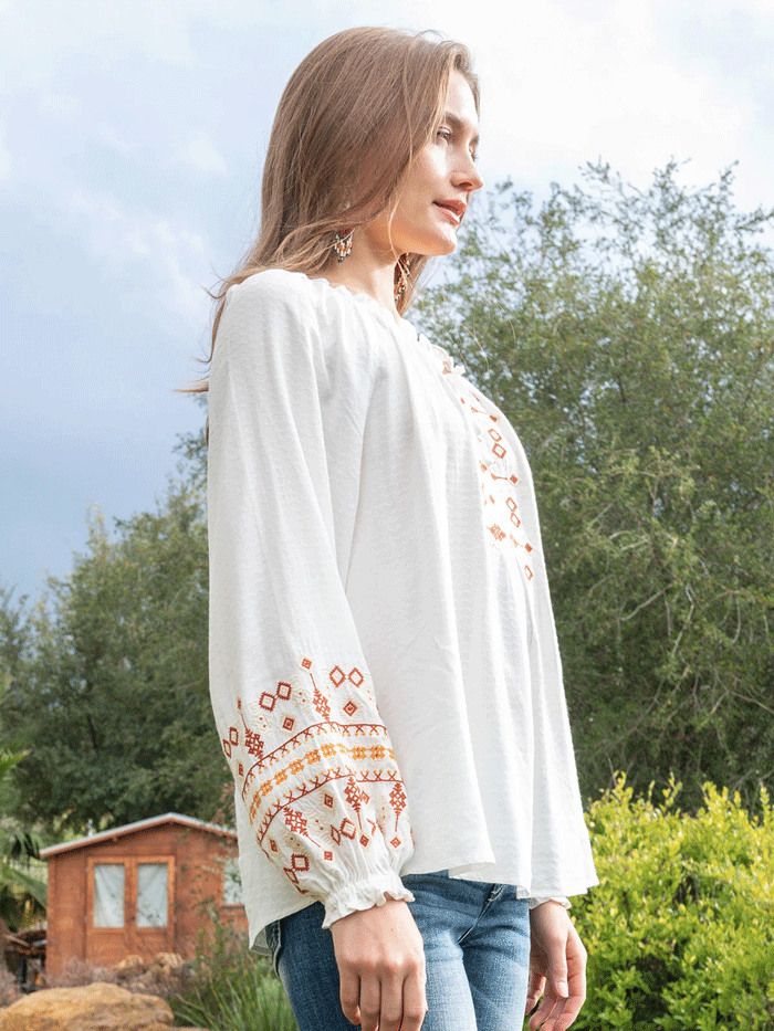 Miss Me MT2577L Womens Embroidered Peasant Blouse White