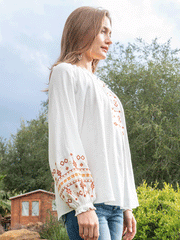 Miss Me MT2577L Womens Embroidered Peasant Blouse White side view. If you need any assistance with this item or the purchase of this item please call us at five six one seven four eight eight eight zero one Monday through Saturday 10:00a.m EST to 8:00 p.m EST