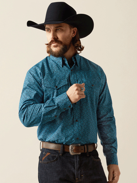 Ariat 10053915 Mens Woodrow Classic Fit Shirt Blue front view. If you need any assistance with this item or the purchase of this item please call us at five six one seven four eight eight eight zero one Monday through Saturday 10:00a.m EST to 8:00 p.m EST