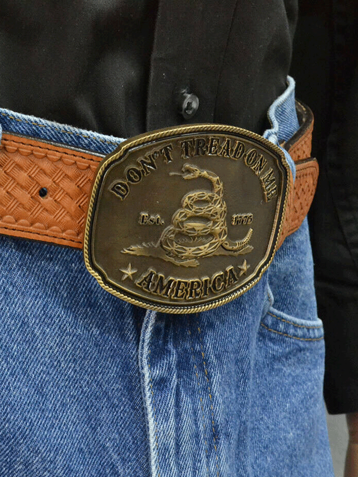 Montana Silversmiths A515C American Gadsden Don't Tread on Me Heritage Attitude Buckle Bronze front view. If you need any assistance with this item or the purchase of this item please call us at five six one seven four eight eight eight zero one Monday through Saturday 10:00a.m EST to 8:00 p.m EST