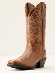 Ariat 10053733 Womens Round Up Square Toe Western Boot Russet Copper front and side view. If you need any assistance with this item or the purchase of this item please call us at five six one seven four eight eight eight zero one Monday through Saturday 10:00a.m EST to 8:00 p.m EST