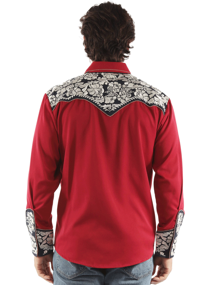 Scully P-634-RWB Mens Floral Tooled Embroidery Western Shirt Red front. If you need any assistance with this item or the purchase of this item please call us at five six one seven four eight eight eight zero one Monday through Saturday 10:00a.m EST to 8:00 p.m EST