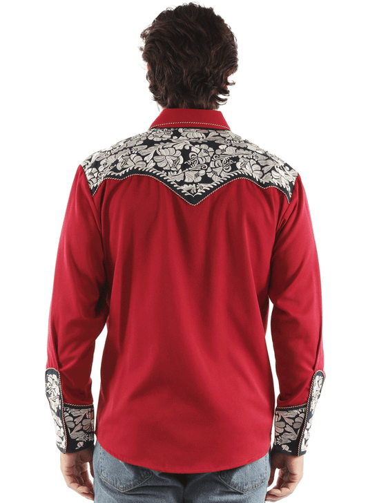 Scully P-634-RWB Mens Floral Tooled Embroidery Western Shirt Red back. If you need any assistance with this item or the purchase of this item please call us at five six one seven four eight eight eight zero one Monday through Saturday 10:00a.m EST to 8:00 p.m EST