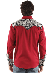 Scully P-634-RWB Mens Floral Tooled Embroidery Western Shirt Red back. If you need any assistance with this item or the purchase of this item please call us at five six one seven four eight eight eight zero one Monday through Saturday 10:00a.m EST to 8:00 p.m EST