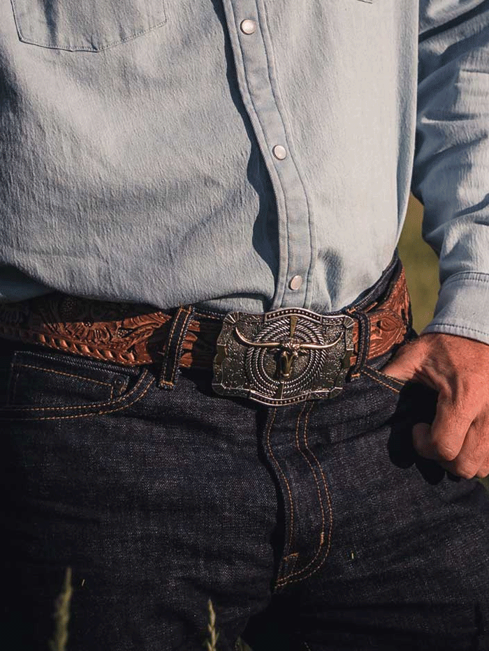 Montana Silversmiths A930 Ropin’ Ready Longhorn Attitude Buckle Silver front view. If you need any assistance with this item or the purchase of this item please call us at five six one seven four eight eight eight zero one Monday through Saturday 10:00a.m EST to 8:00 p.m EST