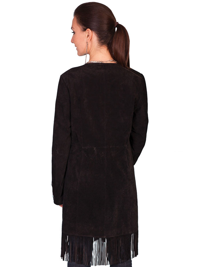 Scully L165-19 Womens Fringe Embroidered Suede Coat Black front view on model. If you need any assistance with this item or the purchase of this item please call us at five six one seven four eight eight eight zero one Monday through Saturday 10:00a.m EST to 8:00 p.m EST 