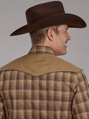 Roper 01-001-0024-1071 Mens Long Sleeve Plaid Western Shirt Brown Tan back view. If you need any assistance with this item or the purchase of this item please call us at five six one seven four eight eight eight zero one Monday through Saturday 10:00a.m EST to 8:00 p.m EST