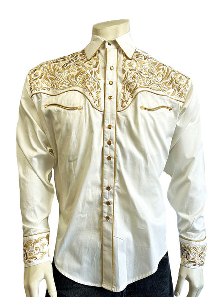 Rockmount 6859-IG Men's Vintage Tooling Embroidered Western Shirt Ivory Gold front view. If you need any assistance with this item or the purchase of this item please call us at five six one seven four eight eight eight zero one Monday through Saturday 10:00a.m EST to 8:00 p.m EST