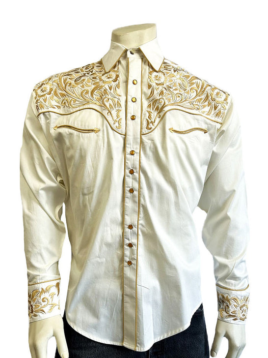 Rockmount 6859-IG Men's Vintage Tooling Embroidered Western Shirt Ivory Gold front view. If you need any assistance with this item or the purchase of this item please call us at five six one seven four eight eight eight zero one Monday through Saturday 10:00a.m EST to 8:00 p.m EST