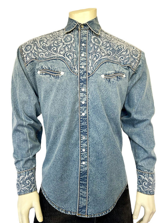 Rockmount 6859-DBLU Men's Vintage Tooling Embroidered Western Shirt Denim Blue front view. If you need any assistance with this item or the purchase of this item please call us at five six one seven four eight eight eight zero one Monday through Saturday 10:00a.m EST to 8:00 p.m EST