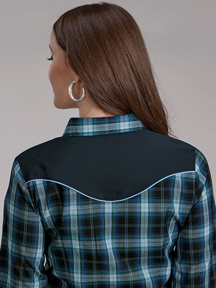 Roper 01-050-0024-1070 Womens Fancy Applique Western Plaid Shirt Blue front view. If you need any assistance with this item or the purchase of this item please call us at five six one seven four eight eight eight zero one Monday through Saturday 10:00a.m EST to 8:00 p.m EST