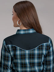 Roper 01-050-0024-1070 Womens Fancy Applique Western Plaid Shirt Blue back view. If you need any assistance with this item or the purchase of this item please call us at five six one seven four eight eight eight zero one Monday through Saturday 10:00a.m EST to 8:00 p.m EST