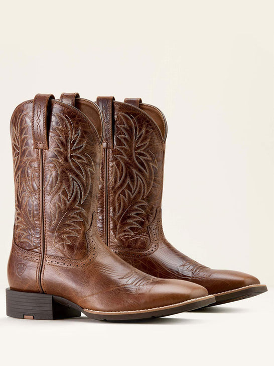 Ariat 10063836 Mens Sport Wide Square Toe Western Boot Dark Tan side view pair. If you need any assistance with this item or the purchase of this item please call us at five six one seven four eight eight eight zero one Monday through Saturday 10:00a.m EST to 8:00 p.m EST