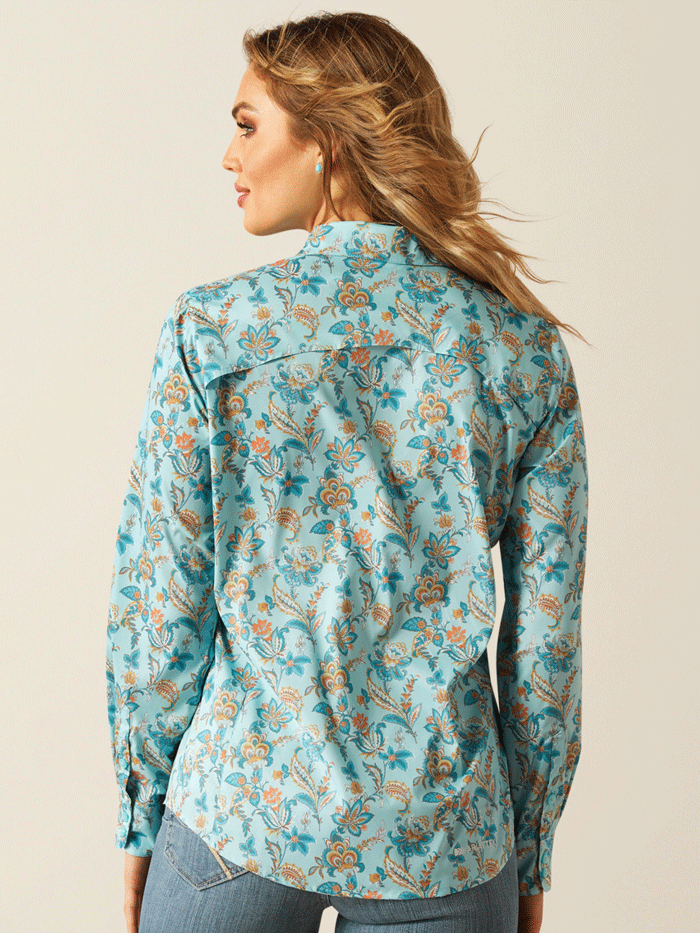 Ariat 10058801 Womens VentTEK Long Sleeve Shirt Blue Paisley Floral front view. If you need any assistance with this item or the purchase of this item please call us at five six one seven four eight eight eight zero one Monday through Saturday 10:00a.m EST to 8:00 p.m EST