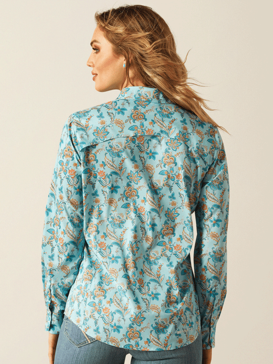 Ariat 10058801 Womens VentTEK Long Sleeve Shirt Blue Paisley Floral back view. If you need any assistance with this item or the purchase of this item please call us at five six one seven four eight eight eight zero one Monday through Saturday 10:00a.m EST to 8:00 p.m EST