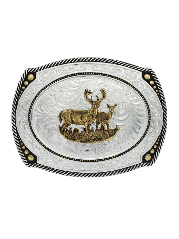 Montana Silversmiths 31210-977L Buck And Doe Two Tone Roped Cameo Buckle Silver front view. If you need any assistance with this item or the purchase of this item please call us at five six one seven four eight eight eight zero one Monday through Saturday 10:00a.m EST to 8:00 p.m EST