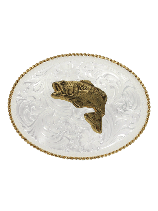 Montana Silversmiths 840F-964BL Bass Gold Trim Western Buckle Silver front view. If you need any assistance with this item or the purchase of this item please call us at five six one seven four eight eight eight zero one Monday through Saturday 10:00a.m EST to 8:00 p.m EST