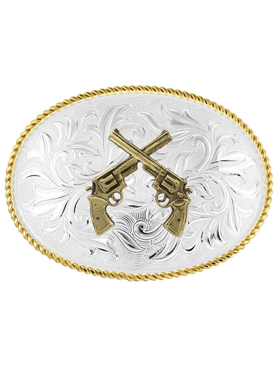 Montana Silversmiths 1256-878  Crossed Pistols Western Buckle Silver front view. If you need any assistance with this item or the purchase of this item please call us at five six one seven four eight eight eight zero one Monday through Saturday 10:00a.m EST to 8:00 p.m EST