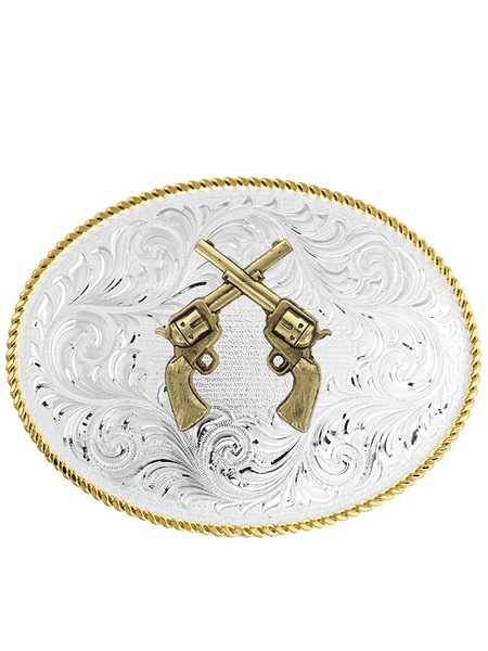 Montana Silversmiths 1255-878 Crossed Pistols Classic Western Buckle Silver front view. If you need any assistance with this item or the purchase of this item please call us at five six one seven four eight eight eight zero one Monday through Saturday 10:00a.m EST to 8:00 p.m EST