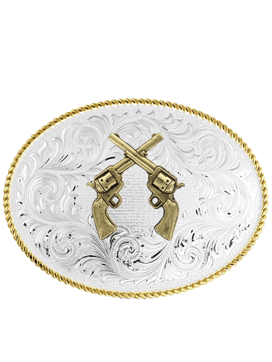 Montana Silversmiths 1255-878 Crossed Pistols Classic Western Buckle Silver front view. If you need any assistance with this item or the purchase of this item please call us at five six one seven four eight eight eight zero one Monday through Saturday 10:00a.m EST to 8:00 p.m EST