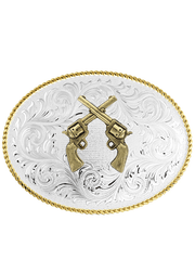 Montana Silversmiths 1255-878 Crossed Pistols Classic Western Buckle Silver front view. If you need any assistance with this item or the purchase of this item please call us at five six one seven four eight eight eight zero one Monday through Saturday 10:00a.m EST to 8:00 p.m EST